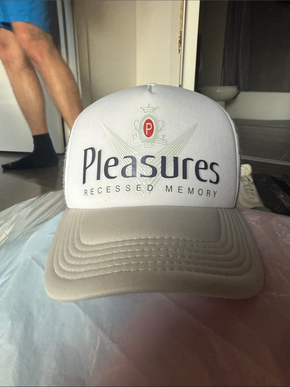 Pleasures Recessed Memory White and Tan Trucker Hat
